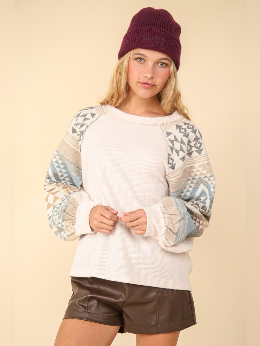 VERY J Printed Long Sleeve Round Neck Knit Top